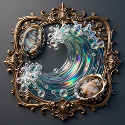 art nouveau cresting oil slick waves, abalone, paua shell, hyperdetailed bubbles in a shiny iridescent oil slick wave, intricate bronze patina medieval ornament, rococo, organic rippling spirals, octane render, 8 k 3 d