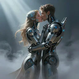 ultra realistic medium shot of a couple of cyborgs kissing, lovers, cyberpunk, sci - fi, fantasy, kodak, colour led, soft light, volumetric lighting, fog, rays, night, intricate, highly detailed, digital painting, concept art, smooth, sharp focus, illustration, art by artgerm and greg rutkowski and alphonse mucha