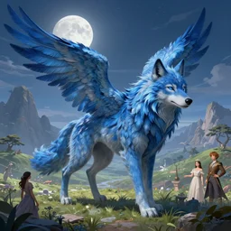 blue feathered wolf with wings on a beautiful fantasy landscape, hills, mountains, moonlit, hd, illustration, epic, d & d, fantasy, intricate, elegant, highly detailed, digital painting, artstation, concept art, smooth, sharp focus, illustration, wallpaper, art by artgerm and greg rutkowski and alphonse mucha and jin xiaodi