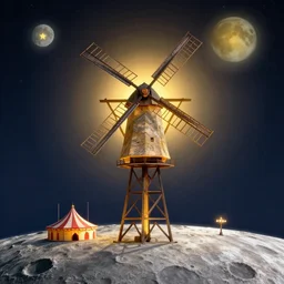 windmill on the surface of the moon, circus, magical, warm light by van gogh