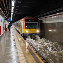 a train in high floodwater filling a tunnel, water pouring off the platform in a underground subway station, associated press photo, stock photo
