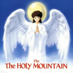 the holy mountain, film poster from angels egg directed by japanese director mamoru oshii, vintage 8 0 s anime, ethereal, holy, omnious, grainy, astounding, highly detailed, high quality film restoration, delicate, soft, very detailed, well defined, color corrected, iridescent light, neon gradient, yoshitaka amano
