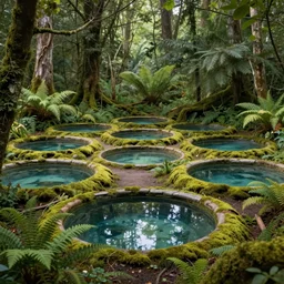 ten round pools of clear still water in a forest, the wood between the worlds, narnia, cs lewis, lush green forest, moss and ferns, ferns,