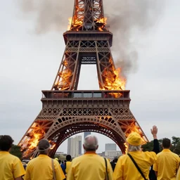 eiffel tower is burning, realistic footage, natural lighting, gilet jaunes, realistic, bfmtv, tf 1