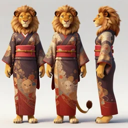 beautiful full body character reference sheet with front, back and side profiles of a strong female anthropomorphic lioness fursona wearing an ornate kimono. character design by disney, anime, manga, charlie bowater, ross tran, artgerm, and makoto shinkai, detailed, soft lighting, rendered in octane