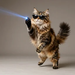 award winning long haired tortoise shell cat shooting lasers from her sunglasses while jumping