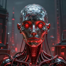 Portrait Masterpiece, reflective glass skin, h.r. giger city, red, glowing, wires everywhere, by Edgar Maxence and Ross Tran, Zdzisław Beksiński, and Michael Whelan, distant, gustav dore, H.R. Giger, 8k, octane render