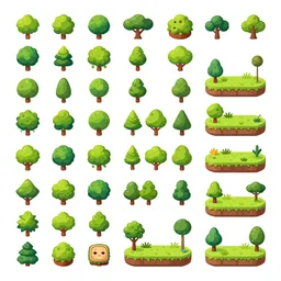 A game assets spritesheet by dofus by Nadezhda Tikhomirova  and WLOP,.  HD vector Containing modular props,  terrain, trees, 2d side view, platform, vector art, very detailed