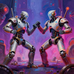 an exciting acrylic painting of robots sparring by al williamson, trending on artstation, neon steampunk