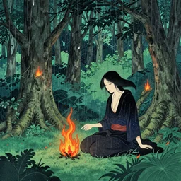 a japanese woodcut, lush forest, woman sitting on ground, magical, witchcraft, fire, rain, ernst haeckel, spirit, life and death, moebius, scroll