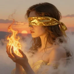 woman, face profile, gold, fog, blindfold, flames on hands, magic, sunset, D&D character, by greg rutkowski, epic fantasy, detailed illustration, hd, 4k, overdetailed art by Alfons Mucha, complementing colors, Trending on artstation, deviantart