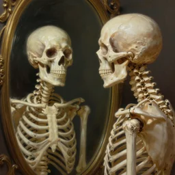 hyper realistic painting human skeleton looking in a mirror