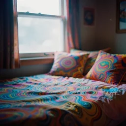 agfa vista 4 0 0 photograph of a cluttered 9 0 s dwayne johnson psychedelic 1 9 6 7 rock hippie bedroom,, waves ripple color light, synth vibe, window, bed, surrealistic pillow, blur, lsd color patterns, vaporwave colors, lens flare, moody lighting, telephoto, lsd vibe, blurry background, grain, tranquil, calm, lsd hallucinations