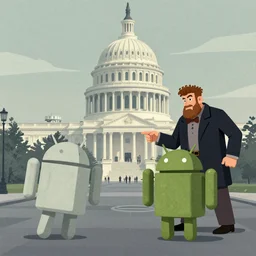 a muted color illustration of 1 0 0 androids fighting in dc but where is waldo, hr giger