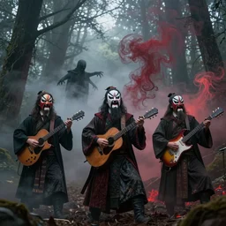 3 ancient chinese generals with chinese peking opera masks singing with guitars, the background is misty forest, full of red and black swirling smoke, harry potter, death eaters, dementors, craig mullins, albert bierstadt, greg rutkowski, tarkovski, realistic, highly detailed, artstation, early morning, atmospheric, aestetic, moody