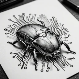 hyperdetailed cyberpunk circuit beetle, black and white tattoo design, stencil, vector,