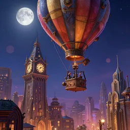 a fantasy scene of a steampunk hot - air balloon flying over an art deco city with a clock - tower | highly detailed, very intricate | disney pixar | steampunk | dramatic romantic epic breathtaking whimsical magical | bokeh moon stars | professional cinematic lighting | artdeco | painted by alexander jansson and jacek yerka, tim burton, bioshock infinite | bold color palette | featured on artstation