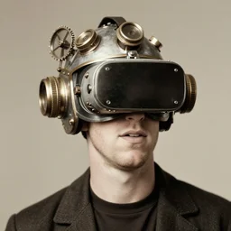 vintage 1 9 2 0's photo of mark zuckerberg wearing a giant oversized steampunk large vr helmet toshiba bubble helmet