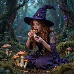 A fairy eating mushrooms in a magical forest occult witchcraft