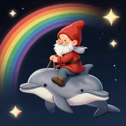 a gnome riding on a dolphin in space with clours and rainbows high resolution