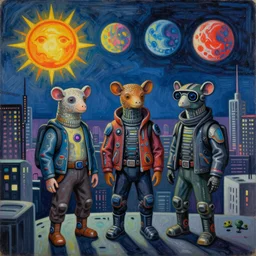 A painting made by Picasso of a futuristic vaporwave city with humanoid animals wearing cyberpunk clothes, two suns, four colored moons, at night.