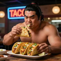 a sumo wrestler eating tacos, highly detailed, photo realistic, bokeh, neon taco sign, moody atmosphere, 8 k