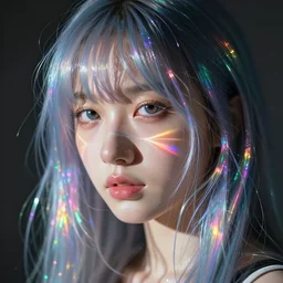 “Uwu the prismatic person close up, refracted light, caustics, 4k photo”