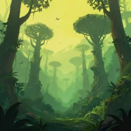 a lush alien forest, yellow and green sky, birds in flight, humid alien jungle, atmospheric, exotic, unreal engine, trending on artstation