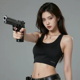 concept art of a beautiful woman wearing a crop top and holding a gun