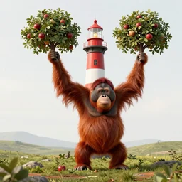 red orangutan shaking giant lighthouse as apple tree, concept art, octane render, unreal engine 5, trending on deviantart, highly detailed, high quality, hd, digital painting, masterpiece, geometric, symmetrical, low contrast, beautiful, serene landscape, path traced, high coherence, complementary colors, natural lighting