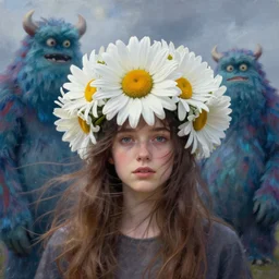 closeup, giant daisy flower crown head, girl between monsteras, surreal photography, wind and cold, dramatic sky, impressionist painting, digital painting, artstation, simon stalenhag