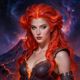 stunning french goddess of volcano portrait, bright lava hair, space nebula background, fantasy, intricate, elegant, highly detailed, digital painting, artstation, concept art, smooth, sharp focus, illustration, art by afshar petros and krenz cushart and artem demura