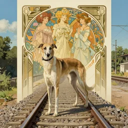 art deco railway poster white brown greyhound, natural lighting, path traced, highly detailed, high quality, digital painting, by don bluth and ross tran and studio ghibli and alphonse mucha, artgerm