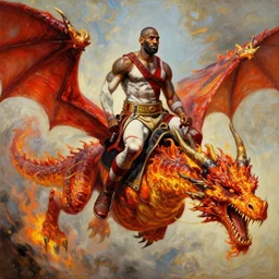 a detailed oil painting rendition of kratos as lebron james riding a gigantic fire breathing dragon, art by norman rockwell