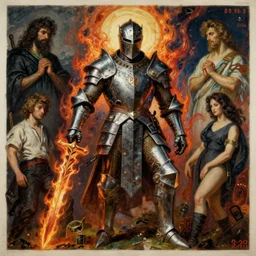 deep void knight with fiery sword and alchemical armor, monumental painting by gerrit van honthorst and hajime sorayama and allen jones, illusion surreal art, highly conceptual figurative art, intricate detailed oil illustration, controversial poster art, polish poster art 1 9 8 0