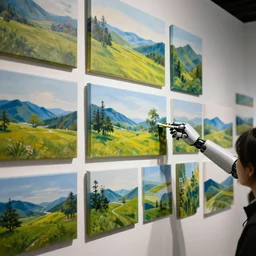 photos of landscapes covering the walls, robotic hands painting natural landscapes on canvas, cinematic lighting, 4 k