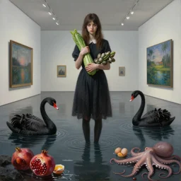 realistic painting of a flooded modern art gallery and a tall emo girl holding a courgette, molluscs, black swans, lava, pomegranates, raw eggs, octopus, puddles, zen, surrealist, by magritte and kawase and monet
