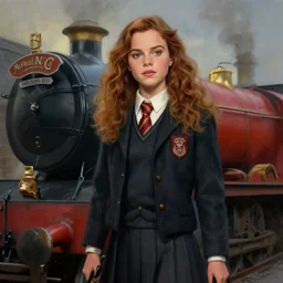 Olivia Culpo as hermione on the hogwarts express, digital painting by Mario Testino, Stanley Artgerm Lau, WLOP, Andrei Riabovitchev, masterpiece, trending on artstation, cgstudio