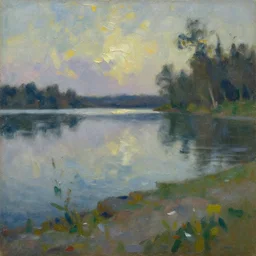 palette knife, impasto oil painting of silent calm lake shore by hans hofmann, thick paint brush strokes, art by anders zorn, wonderful masterpiece by greg rutkowski, beautiful cinematic light, american romanticism by greg manchess, creation by tyler edlin
