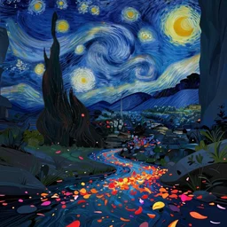 concept art by jama jurabaev, cel shaded, cinematic shot, trending on artstation, high quality, brush stroke, vibrant colors, in the starry night, fluorescent petals fall on the creek in the canyon