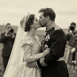 An extreme long shot wide shot, colored black and white Russian and Japanese mix historical fantasy photographic portrait of a Royal wedding of the empress and the emperor share a tender kiss, golden hour, warm lighting, 1907 photo from the official wedding photographer for the royal wedding.