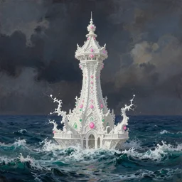 a delicate ornate white fantasy tower with pink and green decoration splashes upwards from a turbulent ocean, dramatic lighting, rich colors, beautiful painting by rhads and greg rutkowski