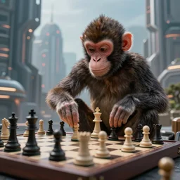 a monkey that plays chess in a futuristic city, fantasy style