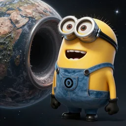 a giant minion devouring a planet with its mouth made of blackhole, hyper realistic