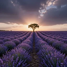 symmetrical lavender field, a! single tree! on horizon in center, desaturated colors, sunrise, by peter lik