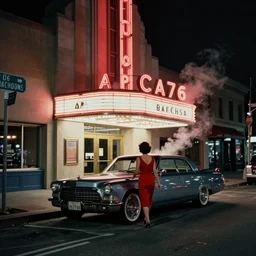 color street view in america of market district at night, dark. woman in red dress entering a cadillac parked outside an art deco cinema, from 1 9 7 6, california. scorsese, wes anderson, kodachrome, fred herzog. small steam from vents lit by neon signs. 8 5 mm lens. detailed sharp photograph shot on hasselblad medium format cinestill film