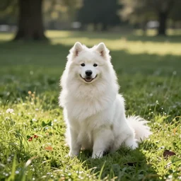 a samoyed dog sitting in the middle of sunny meadow, by Don Heck