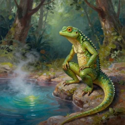 upright anthro man lizard finding a colorful hotspring deep in forest, oil painting, highly detailed, medieval fantasy, featured on artstation