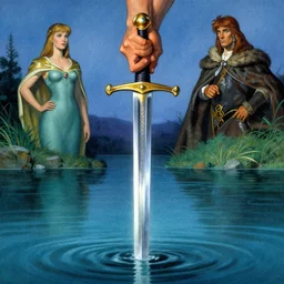a fantasy illustration of a hand holding a sword emerging from a lake, lady of the lake, by james gurney, craig mullins and frank frazetta