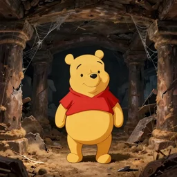 a pooh in the deep dark basement, dust, cobwebs, broken columns, 1 9 7 0 s cartoon movie, winnie the pooh